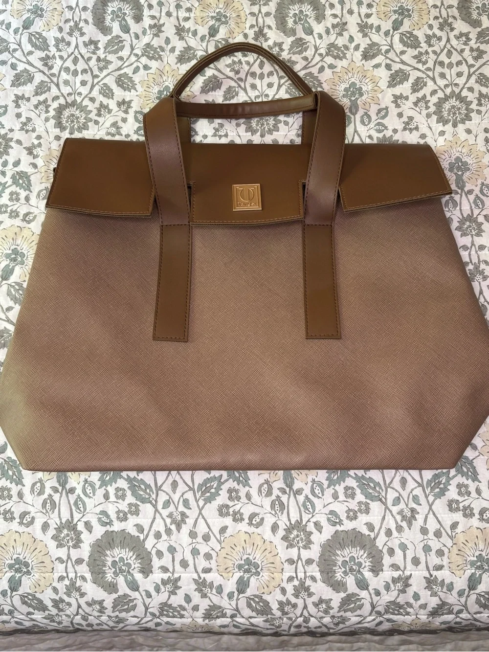 Textured Brown Tote with Top Handles and Gold Plaque